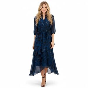 NWOT Taylor Navy Floral Chiffon Dress 4 Ruffle Tiered Smocked Boho Wedding Guest